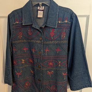 JM Collection Petite Denim Shirt 6 Rows of Fancy Floral Embroidery sz 8P